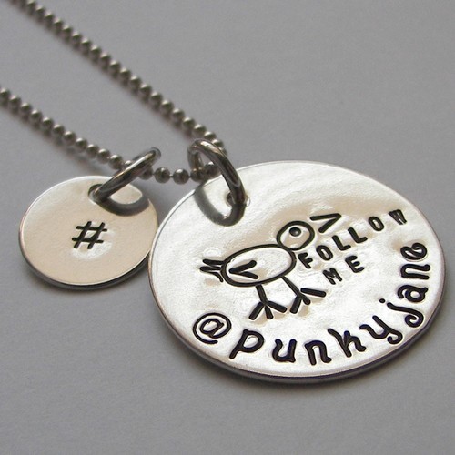 FOLLOW ME with Twitter Handle and hashtag handstamped sterling silver necklace 